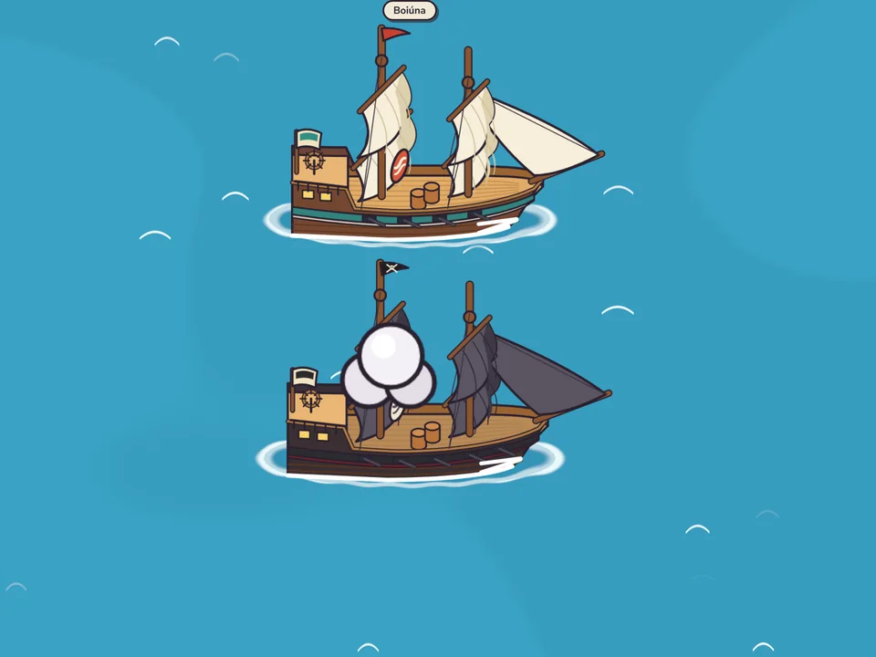 Um navio de velas pretas atira contra o navio do jogador, e a fumaça do canhão sai entre os dois